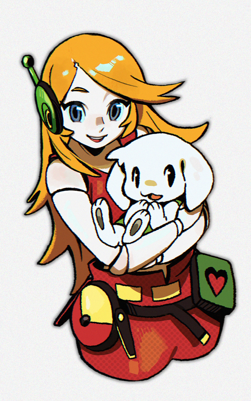 2girls absurdres android blonde_hair blue_eyes curly_brace doukutsu_monogatari furry furry_female highres long_hair looking_at_viewer multiple_girls open_mouth pants red_pants simple_background smile teeth toroko upper_teeth_only white_background yuve2625