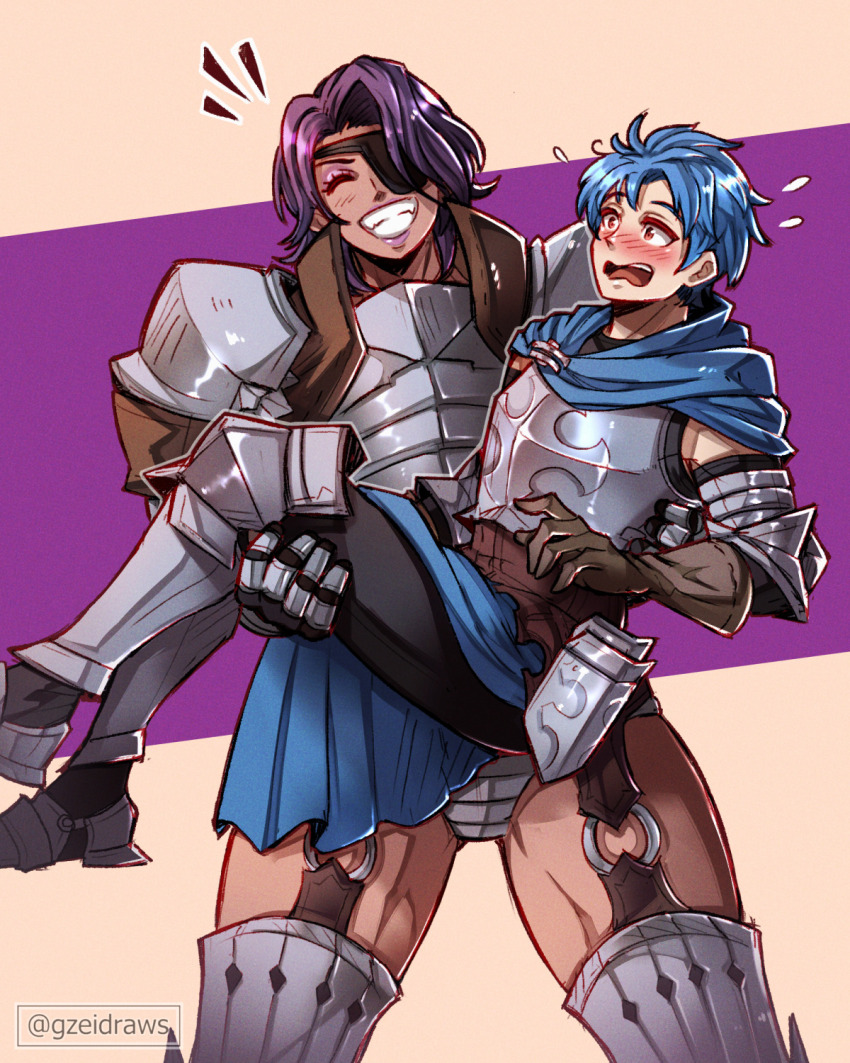 1boy 1girl alain_(unicorn_overlord) amalia_(unicorn_overlord) armor armored_leotard blue_hair blush carrying couple eyepatch eyeshadow flying_sweatdrops gzei happy highres leotard makeup muscular muscular_female o-ring_legwear_garter princess_carry purple_eyeshadow purple_hair purple_lips tall_female thick_thighs thighs unicorn_overlord