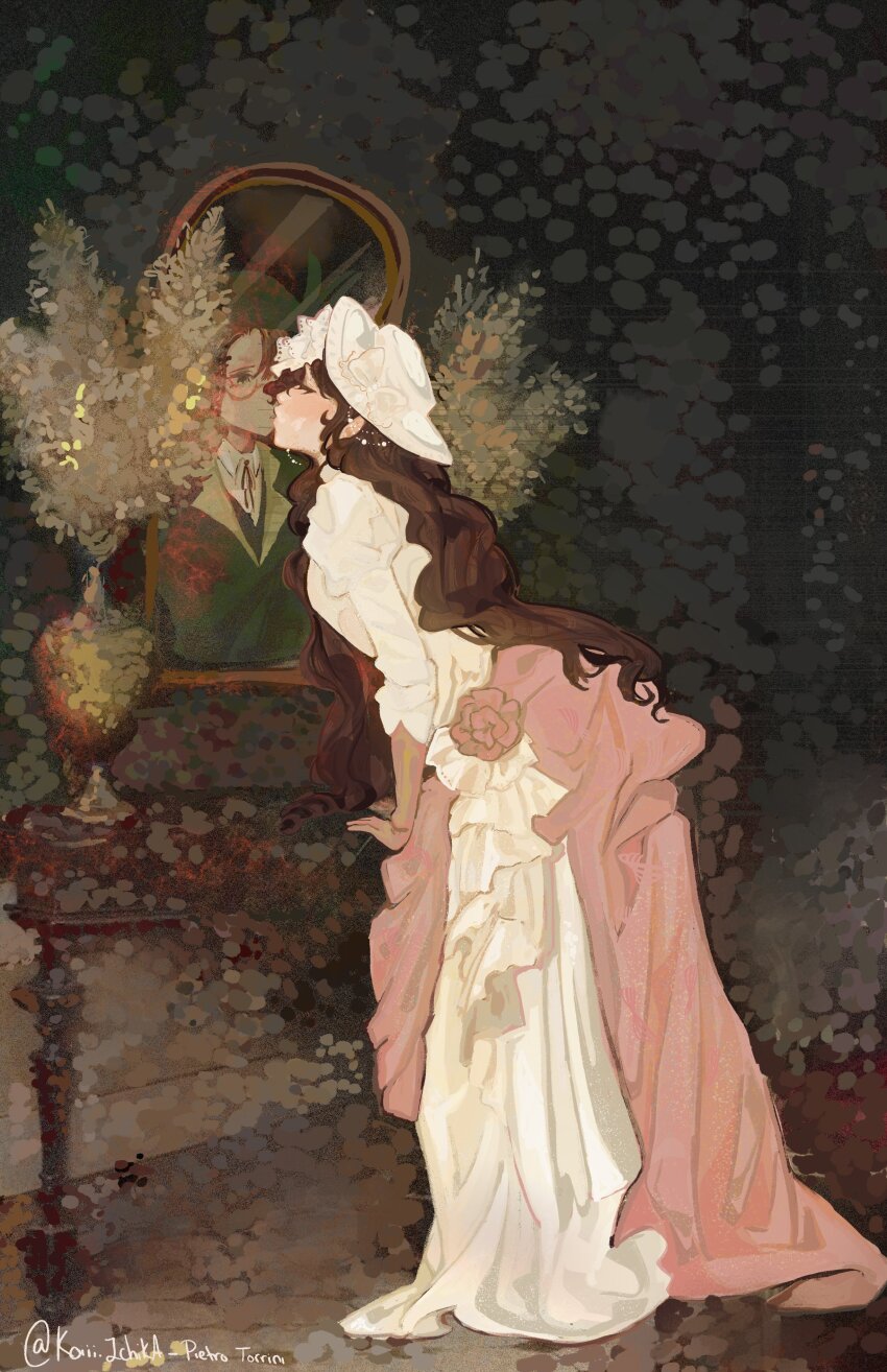 absurdres brown_hair collared_shirt dress flower full_body german_commentary green_eyes green_hat green_jacket hat highres isolde_(reverse:1999) jacket kakania_(reverse:1999) kiss koiii_ichika leaning_forward mirror painterly profile reverse:1999 round_eyewear shirt signature table vase wavy_hair white_dress white_hat yuri