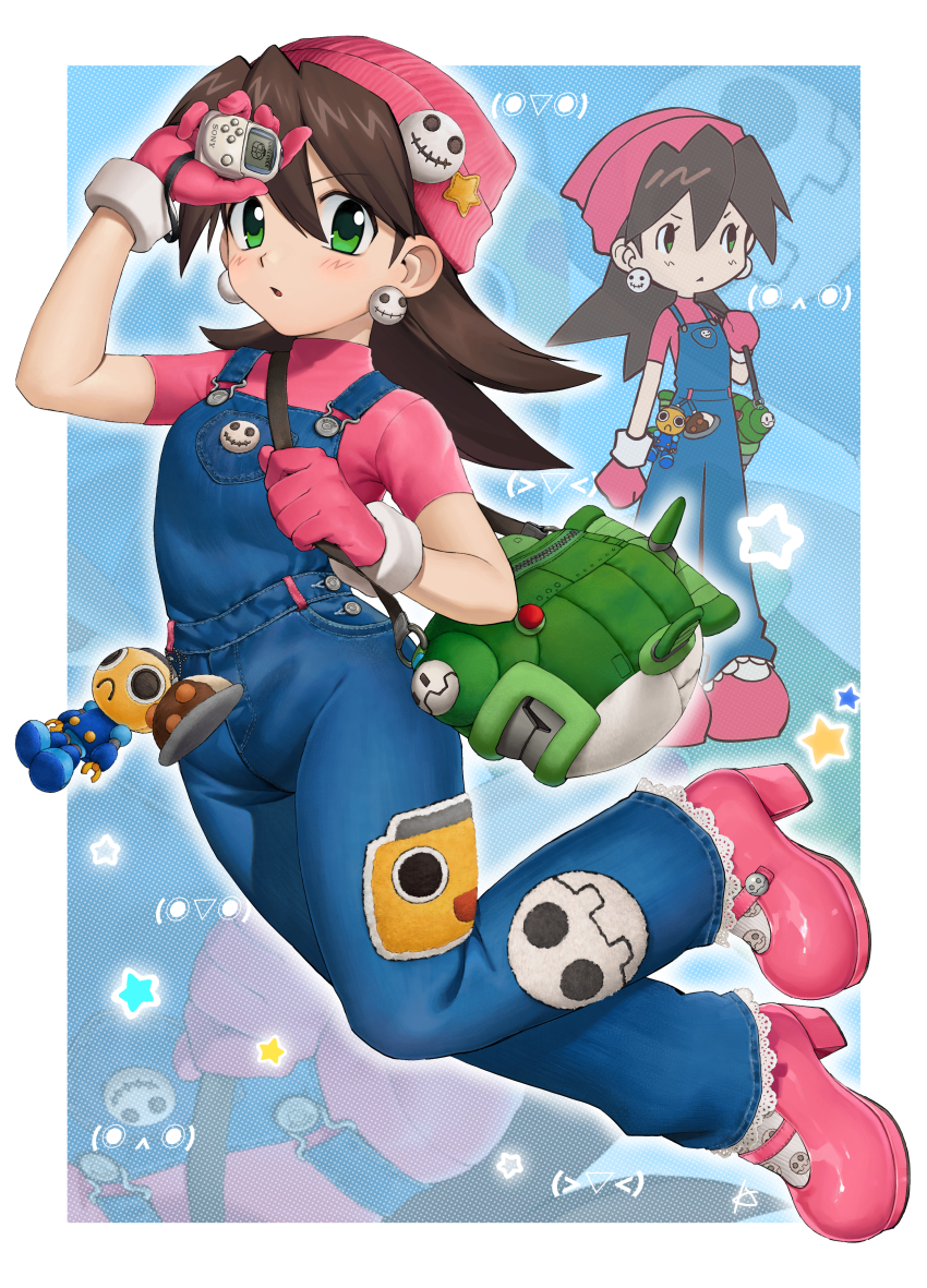 1girl absurdres bag beanie blue_overalls border brown_hair character_print commentary_request earrings full_body gloves green_bag green_eyes hair_between_eyes hand_up hat highres holding holding_strap jewelry karen_(karenoni1031) medium_hair mega_man_(series) mega_man_legends_(series) overalls pink_gloves pink_hat pink_shirt pink_shoes pocketstation print_overalls servbot_(mega_man) shirt shoes short_sleeves shoulder_bag solo_focus star_(symbol) tron_bonne_(mega_man) white_border