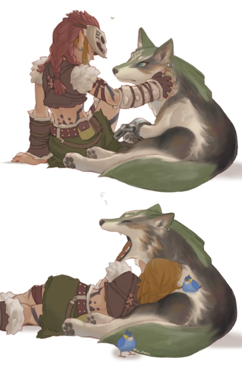 1boy armor berserker_armor bird blue_bird cuddling heart highres ivy_(sena0119) link loincloth lying midriff nintendo on_side simple_background the_legend_of_zelda the_legend_of_zelda:_breath_of_the_wild the_legend_of_zelda:_twilight_princess vambraces white_background wolf wolf_link yawning