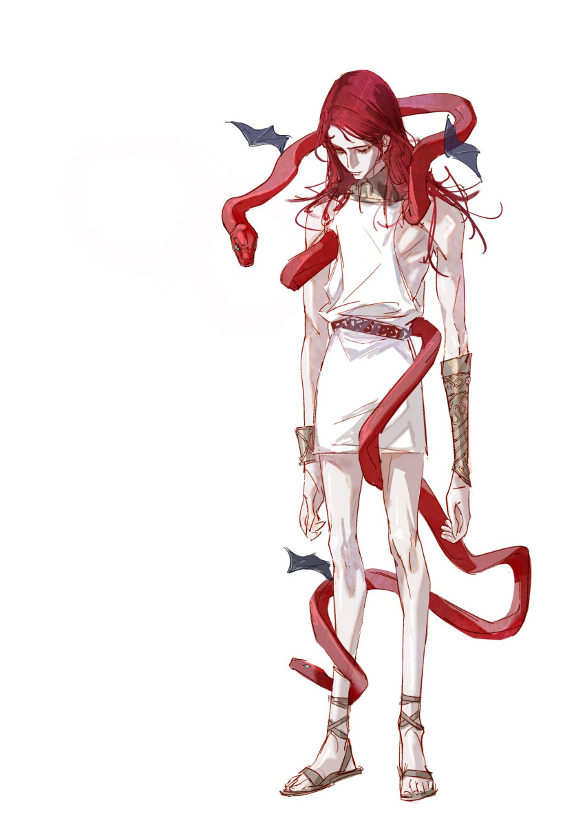 1boy aged_down animal bat_wings belt bracelet bracer closed_mouth downcast_eyes elden_ring gladiator_sandals gold_bracelet hair_behind_ear highres jewelry long_hair looking_down male_focus messmer_the_impaler one_eye_closed red_hair red_snake robe sandals shoes single_bracer siyemmm snake snake_wrapped_around_body solo white_robe wings yellow_eyes