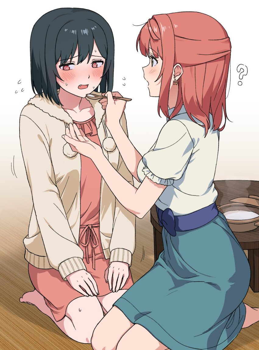 2girls ? @_@ barefoot belt_bow black_hair blush bow bow_earrings breasts cardigan commentary earrings fang feeding flustered green_skirt hands_on_own_thighs highres holding holding_spoon jewelry looking_at_another looking_to_the_side love_live! love_live!_nijigasaki_high_school_idol_club medium_breasts medium_hair meobbab2 mifune_shioriko multiple_girls open_cardigan open_clothes open_mouth pom_pom_(clothes) puffy_short_sleeves puffy_sleeves red_eyes red_hair seiza shirt short_hair short_sleeves sitting skirt small_sweatdrop spoon table trembling uehara_ayumu white_shirt wooden_floor wooden_table