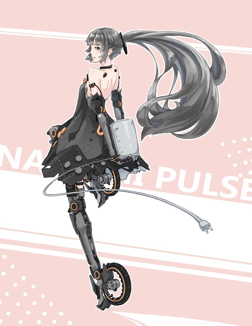 1girl absurdres bare_arms bare_shoulders black_choker black_dress bob_cut braid character_name choker commentary_request dress electric_kettle french_braid from_behind grey_eyes grey_hair hair_ornament highres holding joints kettle long_hair looking_back mechanical_arms mechanical_legs nanami:_pulse_(pgr) nanami_(pgr) parted_lips ponytail punishing:_gray_raven robot_joints skates sleeveless sleeveless_dress solo trashpanda_11b very_long_hair