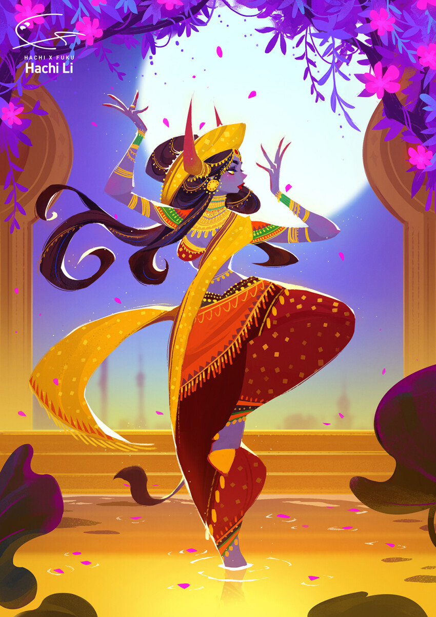 artist_name backlighting bangle belly_chain bracelet chinese_commentary chinese_zodiac colored_skin commentary_request courtyard floating_hair full_moon glowing_flower hachifuku half-closed_eyes harem_pants headdress headpiece highres hooves horns jewelry long_fingers middle_eastern_architecture minaret monster_girl moon nose original ox_girl ox_horns pants pillar pointy_nose purple_skin red_pants ripples scarf thick_eyebrows thick_eyelashes tree wading wind year_of_the_ox yellow_scarf