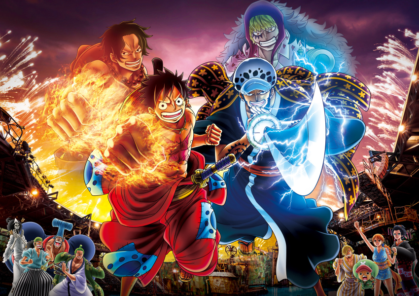 2girls 6+boys :3 abs attack black_eyes black_hair black_kimono blonde_hair blue_eyes blue_hair blue_kimono breasts brook_(one_piece) burn_scar closed_eyes dango donquixote_rocinante earrings electricity evening eyelashes facepaint facial_scar fire fireworks food franky_(one_piece) green_hair happy hat highres holding holding_food holding_sword holding_weapon japanese_clothes jewelry jumping katana kimono ninja large_breasts large_pectorals long_hair monkey_d._luffy multiple_boys multiple_girls nami_(one_piece) nami_(one_piece)_(wano) nico_robin nico_robin_(wano) official_art one_eye_closed one_piece open_mouth orange_hair pectorals portgas_d._ace punching red_kimono roronoa_zoro sanji_(one_piece) scar scar_on_cheek scar_on_chest scar_on_face serious short_hair shoulder_tattoo skeleton sky smile straw_hat straw_hat_pirates sunglasses_on_head sword tattoo teamwork tony_tony_chopper trafalgar_law universal_studios usopp wagashi weapon white_kimono