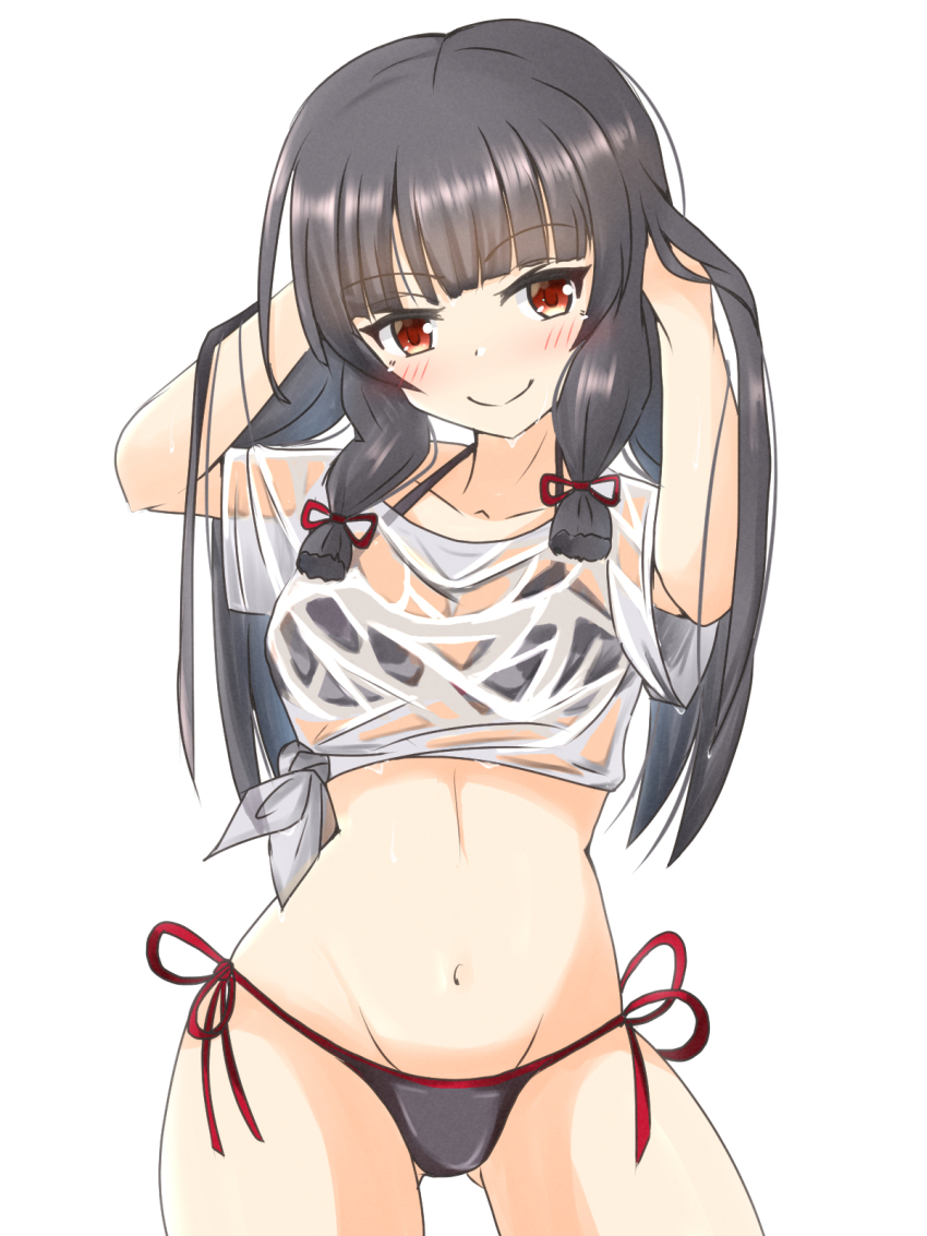 1girl alternate_costume bikini black_bikini black_hair blush breasts covered_navel hair_ribbon highres isokaze_(kancolle) kantai_collection long_hair looking_at_viewer medium_breasts red_eyes ribbon sawatani_(chevalier_04056) shirt simple_background smile solo swimsuit swimsuit_under_clothes tress_ribbon wet wet_clothes white_shirt