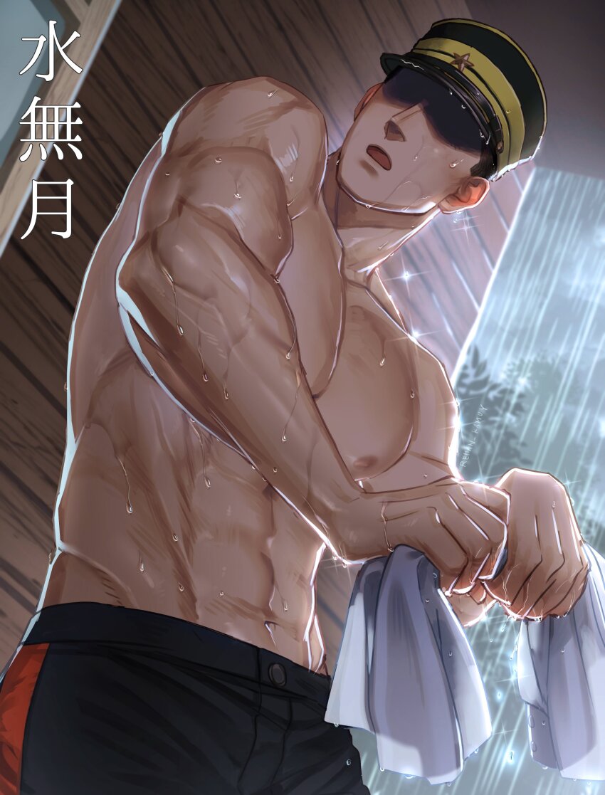 1boy abs absurdres bara buzz_cut drying drying_clothes from_below golden_kamuy hanazawa_yusaku hat highres imperial_japanese_army kepi large_pectorals looking_to_the_side male_focus military_hat muscular muscular_male navel nipples pectorals rain reman_kamuy shaded_face short_hair solo translation_request very_short_hair wet