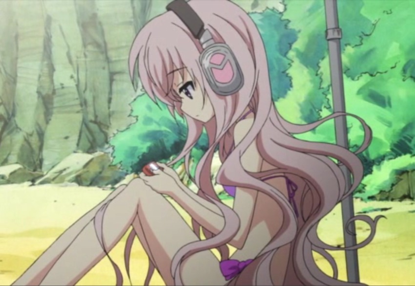 10s beach bikini console headphones pink_hair playing swimsuit tantei_opera_milky_holmes