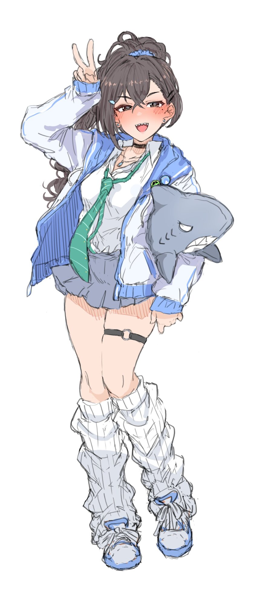 1girl absurdres black_choker black_hair blush breasts choker earrings full_body green_necktie grey_skirt gyaru highres idolmaster idolmaster_cinderella_girls jacket jewelry kogal long_sleeves looking_at_viewer loose_necktie loose_socks medium_breasts miniskirt mole mole_under_eye multicolored_jacket necklace necktie o-ring o-ring_thigh_strap open_clothes open_collar open_jacket pleated_skirt ponytail sharp_teeth shirt shirt_tucked_in shoes simple_background skirt smile sneakers socks solo stud_earrings stuffed_animal stuffed_shark stuffed_toy sunazuka_akira teeth thigh_strap two-sided_fabric two-sided_jacket two-tone_jacket v wasabijoyu76 white_background white_shirt white_socks