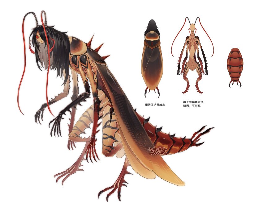 1other antennae bbbblebbbbb black_hair bug cockroach exoskeleton extra_arms highres insect insect_wings mandibles monster null_bulge original red_eyes solo wings