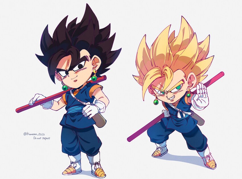 1boy adapted_costume black_eyes black_hair blonde_hair blue_pants blue_sash blue_tunic boots chibi dougi dragon_ball dragon_ball_daima dragonball_z earrings full_body gloves grey_background highres jewelry komesan_0212 medium_hair multiple_views orange_shirt pants potara_earrings ruyi_jingu_bang sash shirt simple_background spiked_hair super_saiyan super_saiyan_1 tunic twitter_username vegetto white_footwear white_gloves