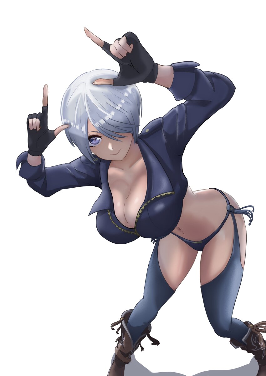 1girl absurdres angel_(kof) backless_pants blue_eyes boots bra breasts chaps cleavage cowboy_boots crop_top cropped_jacket fingerless_gloves gloves hair_over_one_eye highres horns_pose index_fingers_raised jacket large_breasts leather leather_jacket looking_at_viewer midriff musuhi navel panties pants short_hair smile snk solo strapless strapless_bra the_king_of_fighters the_king_of_fighters_xiv toned toned_female underwear white_hair