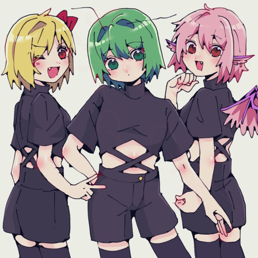 3girls alternate_costume animal_ears bird_ears bird_wings black_shirt black_shorts black_thighhighs blush bobotatamu bow breasts closed_mouth commentary_request cowboy_shot expressionless fang green_eyes green_hair grey_background hair_bow hair_intakes highres looking_at_viewer midriff multiple_girls mystia_lorelei one_eye_closed open_mouth pink_wings red_bow red_eyes rumia shirt short_hair short_sleeves shorts simple_background small_breasts smile thighhighs touhou wings wriggle_nightbug