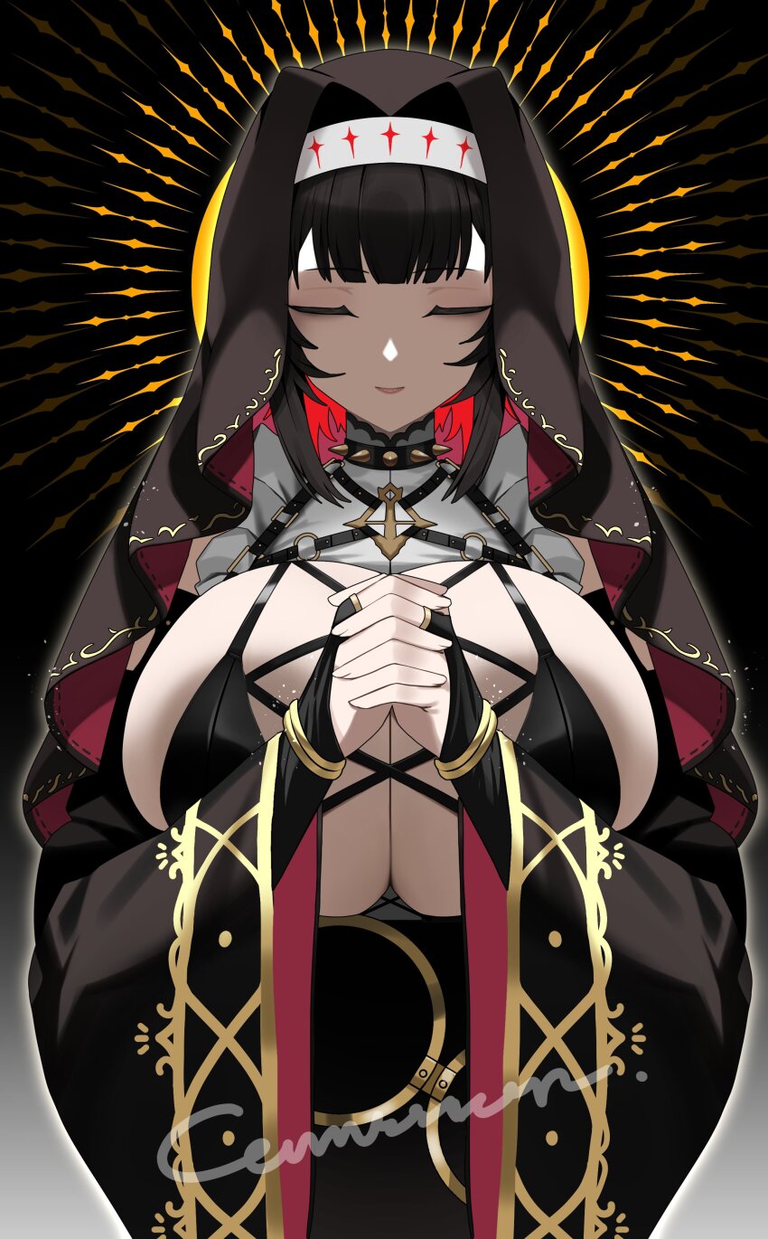 1girl absurdres bikini black_bikini black_hair black_veil breasts bridal_gauntlets closed_eyes closed_mouth coif collar detached_sleeves frills highres huge_breasts interlocked_fingers multi-strapped_bikini_top nun original praying spiked_collar spikes su_(septyanss) swimsuit veil wide_sleeves