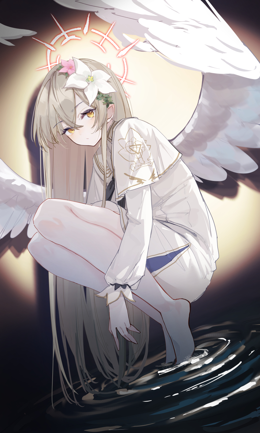 1girl absurdres bare_legs barefoot black_neckerchief blonde_hair blue_archive blush capelet closed_mouth crossed_bangs dress feathered_wings flower hair_between_eyes highres long_hair looking_at_viewer nagisa_(blue_archive) neckerchief pink_flower reiami sidelocks solo squatting white_capelet white_dress white_flower wings yellow_eyes