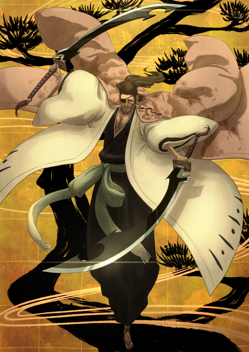 1boy absurdres bankai beard black_hair black_kimono bleach bleach:_sennen_kessen-hen commentary_request dual_wielding eyepatch facial_hair fighting_stance floating_hair full_body haori highres holding holding_sword holding_weapon japanese_clothes katen_kyoukotsu:_karamatsu_shinjuu kimono kimono_on_shoulders kyouraku_shunsui long_hair low_ponytail male_focus mature_male mitarashi_(5333069) one_eye_covered pink_kimono ponytail shinigami smile solo standing sword taichou_haori weapon zanpakutou