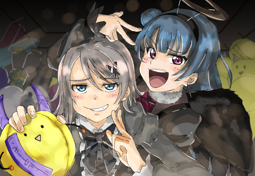 2girls blue_eyes blue_hair blush brown_hair goth_fashion hair_bun hairband halo love_live! love_live!_sunshine!! multiple_girls purple_eyes short_hair skt_(ryxxxxx) smile tsushima_yoshiko watanabe_you