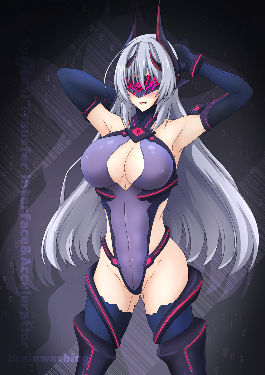 1girl absurdres aoi_tabane armpits arms_behind_head arms_up bare_shoulders blush boots breasts cleavage cleavage_cutout clothing_cutout corruption covered_eyes covered_navel dark_persona elbow_gloves gloves gluteal_fold grey_hair headgear highleg highleg_leotard highres horns katsuragi_marina kouyoku_senki_exs-tia large_breasts leotard long_hair mask mind_control mind_controlled_exs-tia open_mouth purple_leotard smile solo standing thigh_boots thighhighs