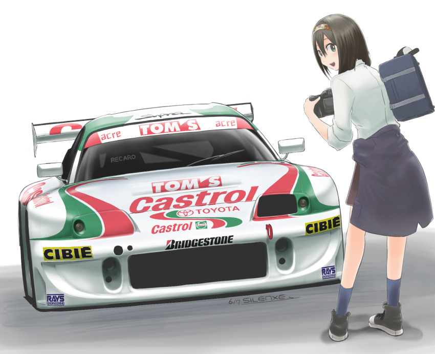 1girl artist_name bag black_eyes black_hair black_jacket black_shoes blue_socks blush bridgestone brown_headband brown_skirt camera car castrol clothes_around_waist collared_shirt from_behind hair_between_eyes headband highres holding holding_camera jacket jacket_around_waist looking_at_viewer mizuki_shizuka_(silenxe) motor_vehicle original race_vehicle racecar school_bag school_uniform shadow shirt shoes silenxe skirt smile sneakers socks solo spoiler_(automobile) super_gt tom&#039;s_racing toyota toyota_supra toyota_supra_mk_iv vehicle_focus vehicle_name white_shirt