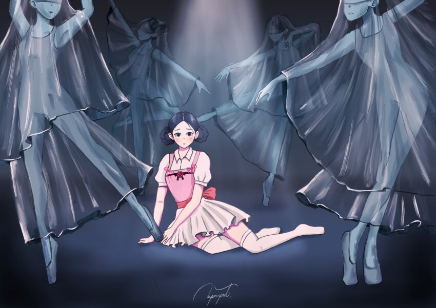5girls ballerina black_hair blush commentary dancer full_body highres irene_(red_velvet) joy_(red_velvet) k-pop looking_at_viewer moosquitie multiple_girls on_ground puffy_short_sleeves puffy_sleeves real_life red_velvet_(group) seulgi_(red_velvet) short_sleeves signature spotlight standing standing_on_one_leg thighhighs wendy_(red_velvet) white_thighhighs yeri_(red_velvet)