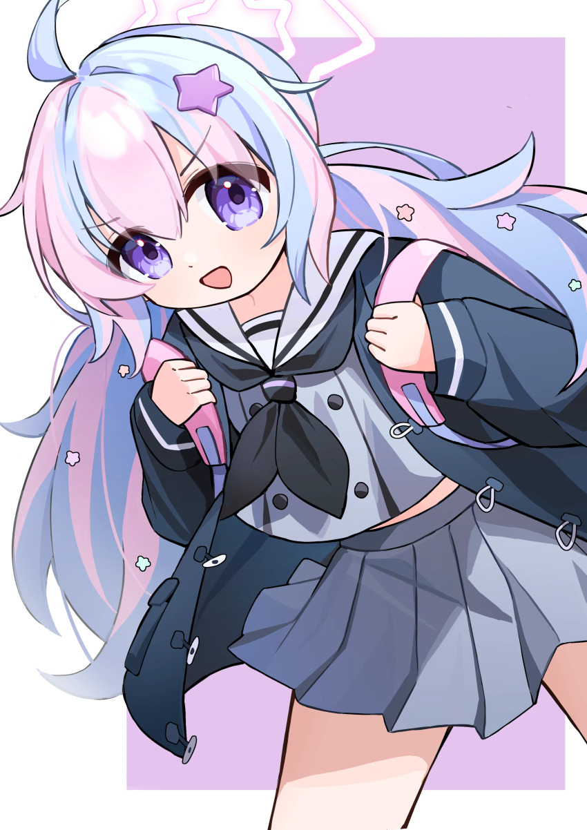 1girl :d absurdres ahoge backpack bag black_jacket black_neckerchief blue_archive blue_hair border buttons chinese_commentary commentary_request cowboy_shot double-breasted dutch_angle floating_clothes grey_serafuku grey_shirt grey_skirt hair_between_eyes hair_ornament halo highres holding_strap jacket long_hair long_sleeves looking_at_viewer midriff_peek miniskirt mogu_kinoko multicolored_hair neckerchief open_clothes open_jacket open_mouth outside_border partial_commentary pink_hair pink_halo pleated_skirt pocket purple_background purple_eyes reisa_(blue_archive) sailor_collar school_uniform serafuku shirt simple_background skirt smile solo star_(symbol) star_hair_ornament star_halo streaked_hair triangle_mouth two-tone_hair v-shaped_eyebrows white_border white_sailor_collar