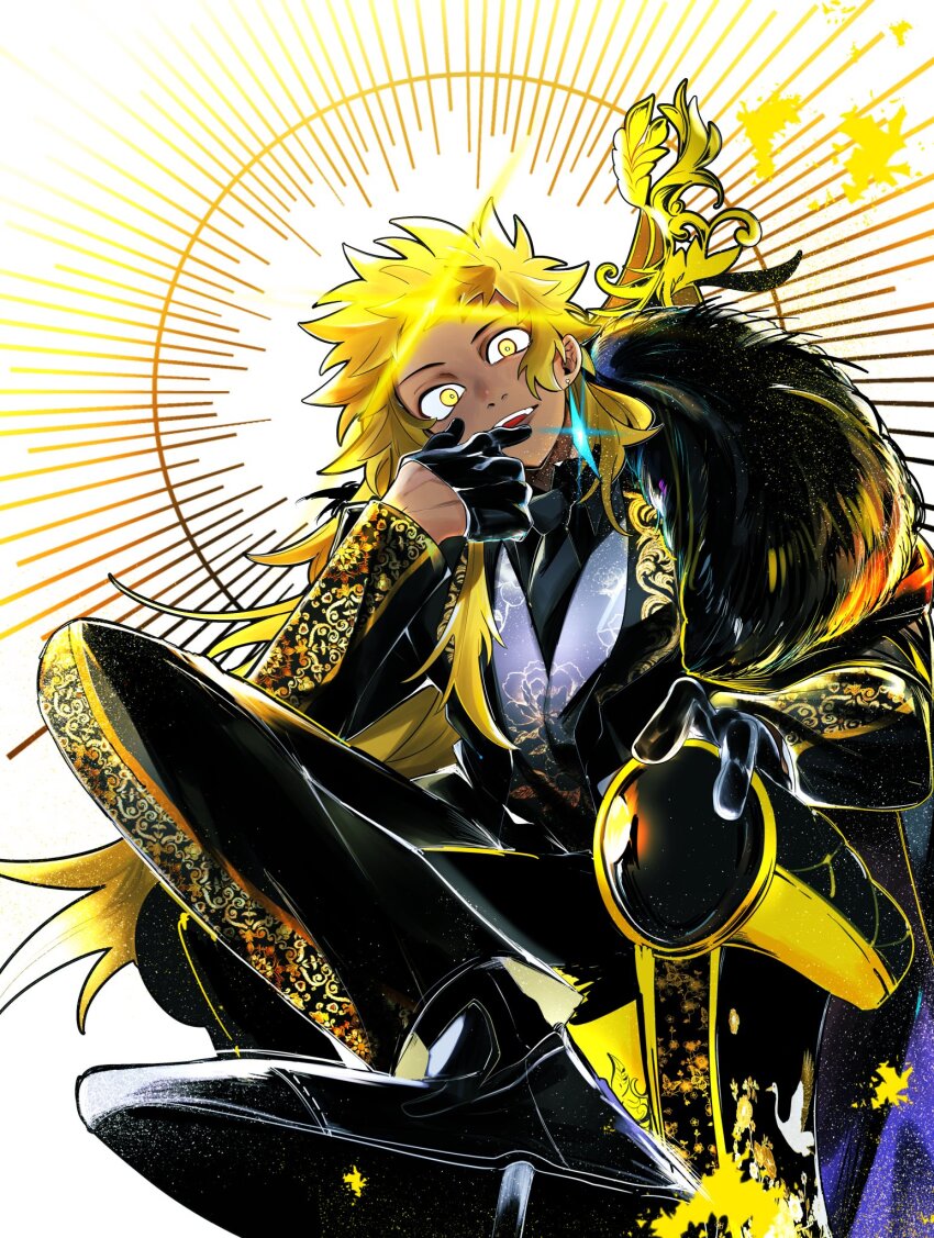 1boy black_gloves black_necktie black_pants black_shirt black_suit blonde_hair crossed_legs fate_(series) floral_print formal_clothes fur_scarf gloves half_gloves head_tilt highres koha-ace kuriimu0203 long_hair long_sleeves looking_at_viewer male_focus necktie pants print_vest shirt sitting solo suit teeth toyotomi_hideyoshi_(fate) upper_teeth_only very_long_hair yellow_eyes