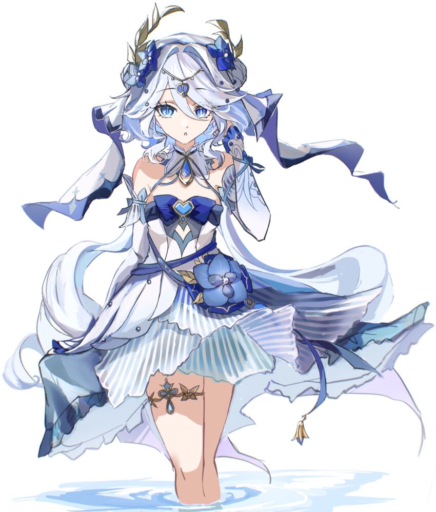 1girl :o adapted_costume arm_behind_back bare_shoulders blue_eyes blue_flower blue_hair blue_pupils blue_ribbon breasts circlet commentary cosplay detached_sleeves double_bun dress drop-shaped_pupils flower furina_(genshin_impact) genshin_impact hair_between_eyes hair_bun hair_flower hair_ornament hand_in_own_hair hand_up heterochromia highres jewelry light_blue_hair long_hair long_sleeves looking_at_viewer multicolored_hair nilou_(breeze_of_sabaa)_(genshin_impact) nilou_(genshin_impact) nilou_(genshin_impact)_(cosplay) ribbon situki small_breasts solo streaked_hair symbol-shaped_pupils thighlet very_long_hair wading white_background white_dress white_hair white_sleeves