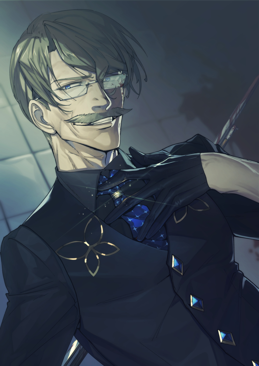 1boy absurdres alternate_hairstyle black_gloves blue_eyes blue_necktie cocktail_shaker commentary_request facial_hair fate/grand_order fate_(series) glasses gloves grey_hair hand_on_own_chest highres james_moriarty_(archer)_(fate) james_moriarty_(gray_collar)_(fate) long_sleeves looking_at_viewer male_focus mustache necktie official_alternate_costume old old_man shirt three-quarter_sleeves smile solo suzuki_rui teeth upper_body vest