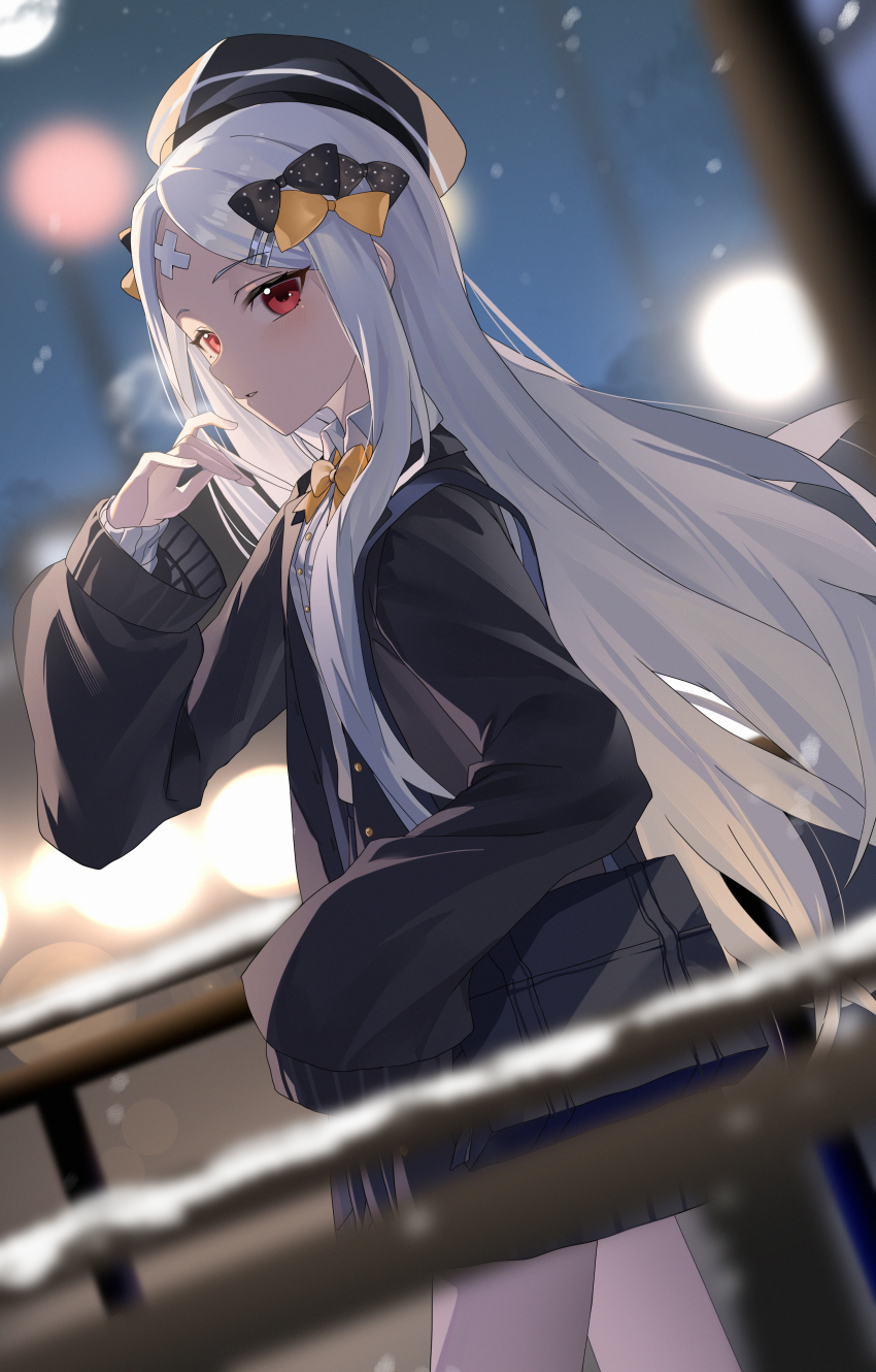 1girl abigail_williams_(fate) absurdres bag bandaid bandaid_on_face bandaid_on_forehead cardigan crossed_bandaids expressionless fate/grand_order fate_(series) hat highres long_hair looking_at_viewer miyu10366 night outdoors parted_lips red_eyes school_bag school_uniform skirt sleeves_past_wrists snow solo very_long_hair white_hair