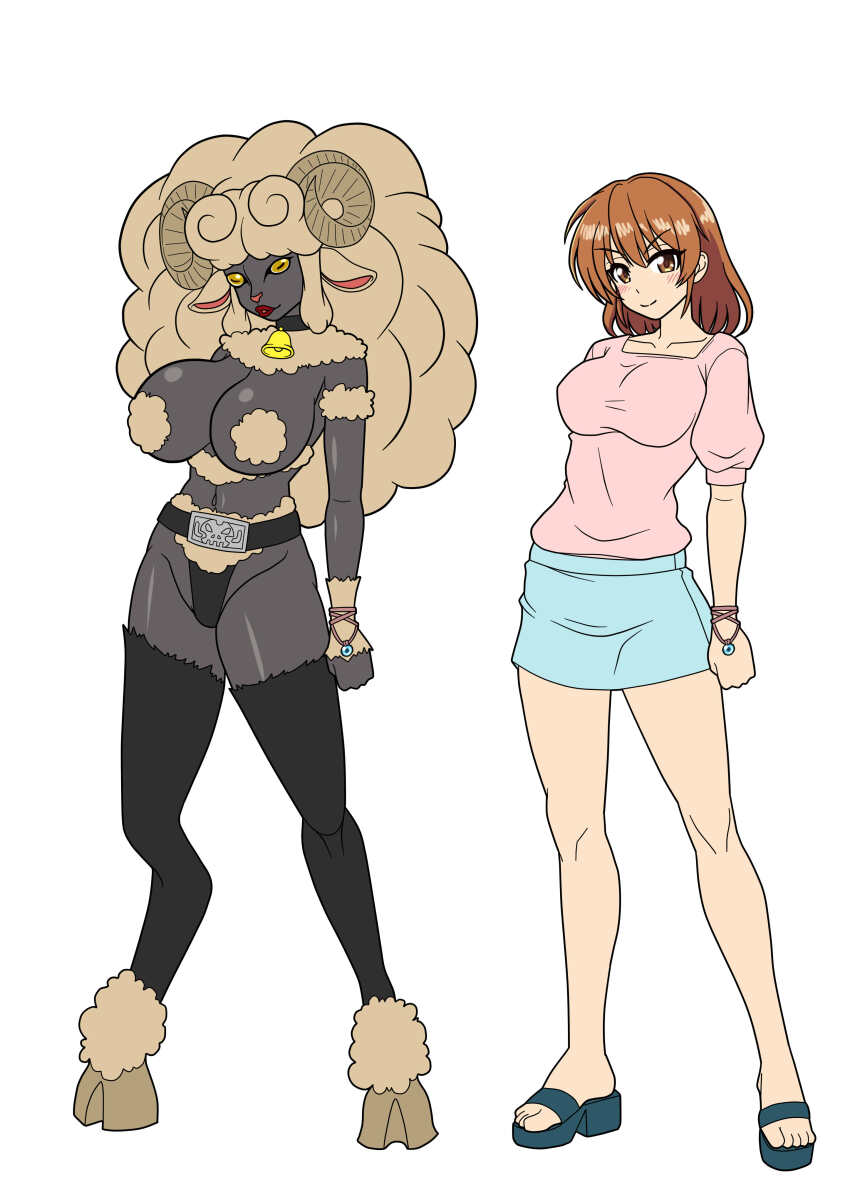 absurdres alternate_form animal_ears before_and_after bell belt black_panties blue_skirt blush breast_expansion collarbone colored_sclera commentary_request corruption curled_horns dark-skinned_female dark_persona dark_skin fluff fluffy_hair highres hooves horizontal_pupils horns monsterification orange_eyes orange_hair original panties pink_shirt red_lips sandals sheep_ears sheep_girl sheep_horns shirt skirt smile tengukizoku transformation transforming_clothes underwear v-shaped_eyebrows wool yellow_sclera
