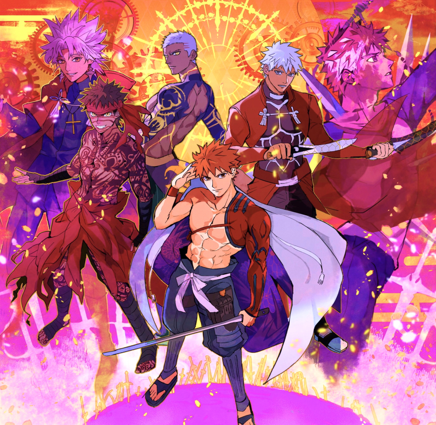 6+boys abs amakusa_shirou_(fate) angra_mainyu_(fate) archer_(fate) black_pants closed_mouth collarbone cross cross_necklace dual_wielding emiya_alter emiya_shirou erk_(okra_ecory) fate/grand_order fate_(series) full-body_tattoo full_body gears grin headband highres holding jewelry looking_at_viewer male_focus multiple_boys multiple_persona necklace noose orange_hair pants parted_lips red_headband sandals senji_muramasa_(fate) smile spiked_hair tattoo white_hair yellow_eyes