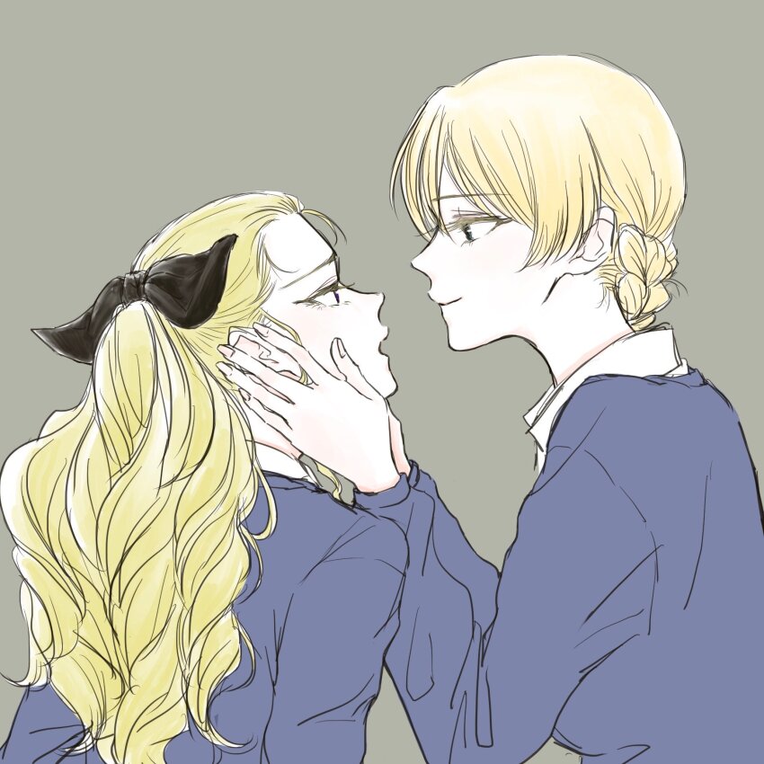 2girls anmitsu_sd assam_(girls_und_panzer) blonde_hair blue_sweater braid collared_shirt darjeeling_(girls_und_panzer) from_behind girls_und_panzer hands_on_another&#039;s_face highres imminent_kiss long_hair multiple_girls open_mouth school_uniform shirt smile st._gloriana&#039;s_school_uniform sweater upper_body white_shirt yuri