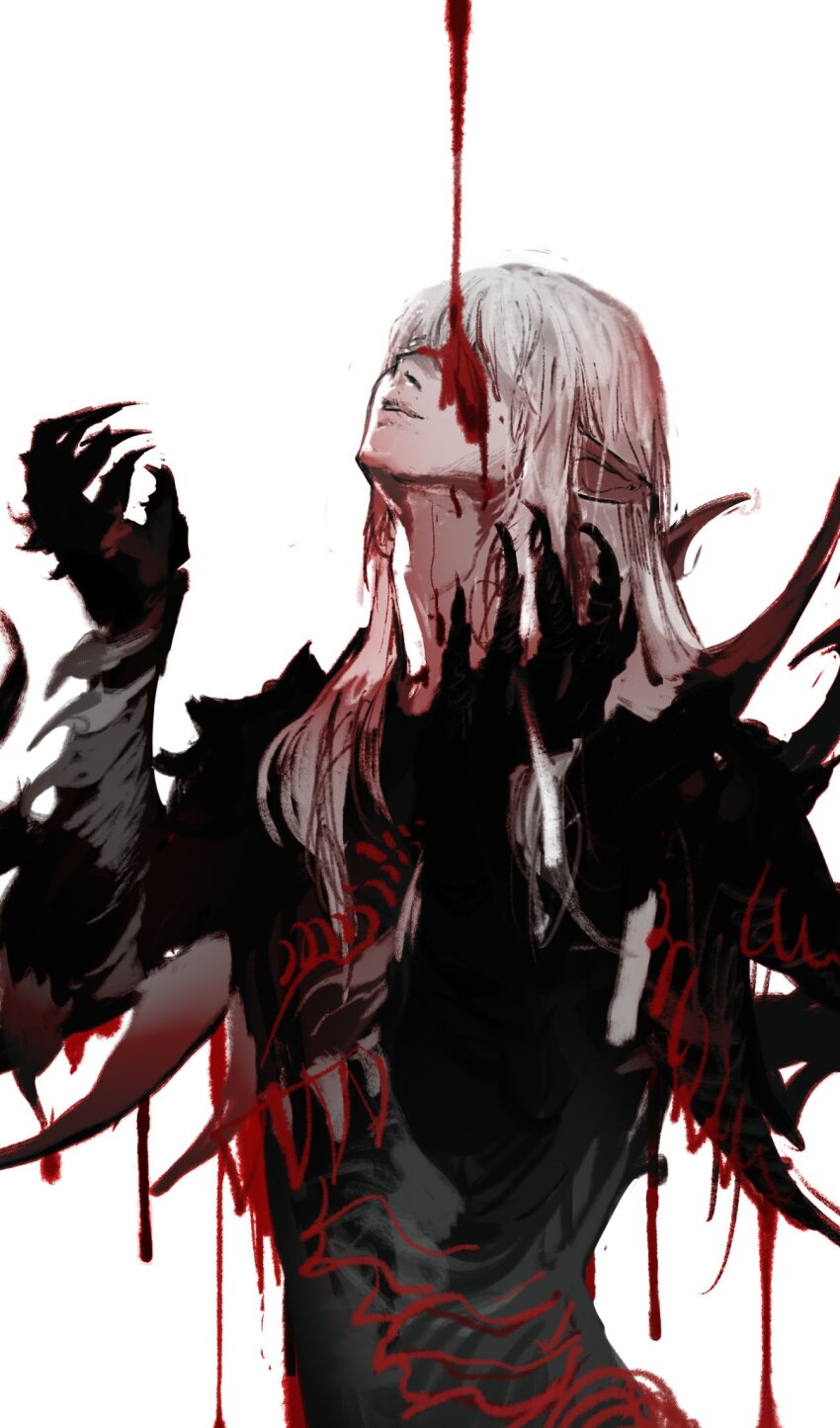 1boy adam&#039;s_apple arm_up armor arms_up blood blood_drip blood_on_face clawed_gauntlets covered_eyes cowboy_shot elezen elf estinien_varlineau final_fantasy final_fantasy_xiv hair_behind_ear hair_over_eyes head_back highres long_hair long_pointy_ears male_focus melvinfeat parted_lips pointy_ears simple_background solo spiked_armor spikes white_background
