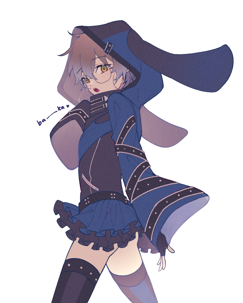 1boy :o absurdres animal_hood belt black_belt black_gloves blue_thighhighs brown_hair cosplay crossdressing dress effole_(fairy_fencer_f) effole_(fairy_fencer_f)_(cosplay) eyewear_strap fingerless_gloves gloves green_eyes hair_between_eyes high_collar highres hood hood_up ike_eveland ki_sushi_taiyou long_sleeves looking_at_viewer male_focus multicolored_dress multicolored_eyes nijisanji nijisanji_en open_mouth rabbit_hood round_eyewear short_hair simple_background solo striped_clothes striped_thighhighs thighhighs vertical-striped_clothes vertical-striped_thighhighs virtual_youtuber walking white_background yellow_eyes