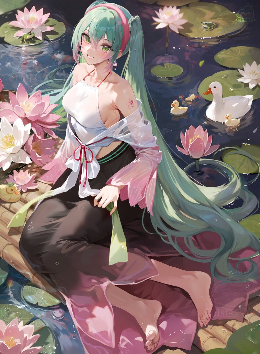 1girl absurdres alice_vu alternate_costume armpit_crease bamboo bare_shoulders barefoot bird black_skirt breasts collarbone commentary crossed_bangs double-parted_bangs duck duckling earrings english_commentary feet flower frog full_body green_eyes green_hair hair_between_eyes hair_spread_out hatsune_miku headband highres jewelry light_blush long_hair long_skirt long_sleeves looking_at_viewer lotus lotus_leaf mixed-language_commentary nail_polish number_tattoo on_raft open_mouth outdoors pink_headband raft see-through_clothes shoulder_tattoo sideboob sidelocks skirt smile solo spaghetti_strap tattoo toenail_polish toenails toes twintails very_long_hair vietnamese_clothes vietnamese_commentary vocaloid water wet wet_clothes white_lotus worldwide_miku