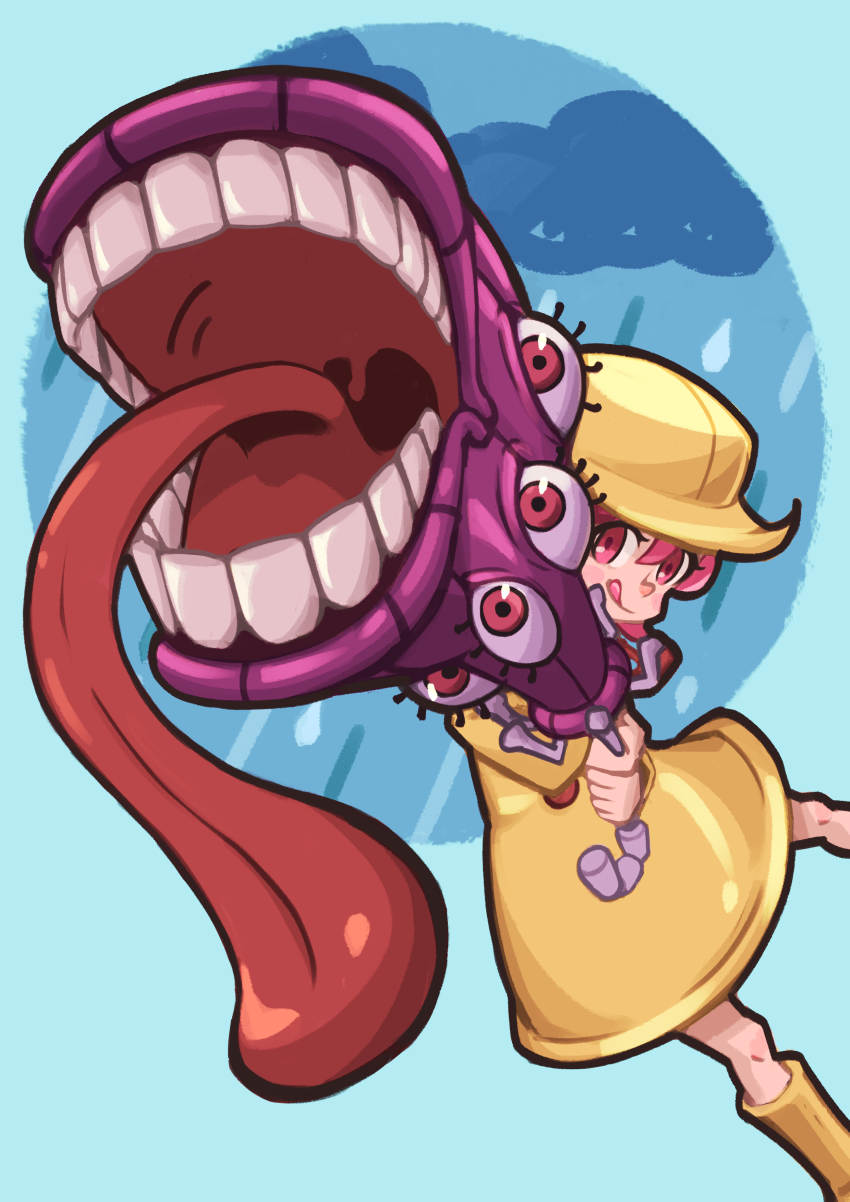 1girl absurdres blue_background boots hat highres holding holding_umbrella hungern_(skullgirls) licking_lips monster onozawa_(buresu21) pink_eyes pink_hair rain raincoat skullgirls smile solo tongue tongue_out umbrella umbrella_(skullgirls)