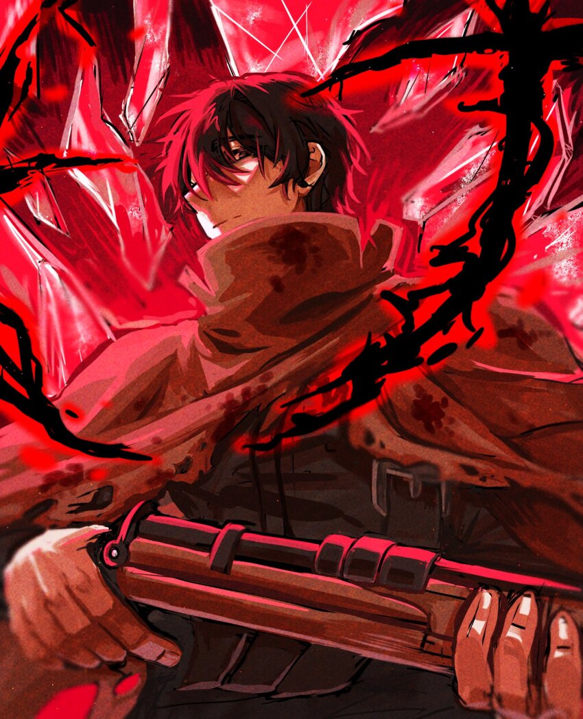 antique_firearm black_hair broken_glass crosshair e.g.o_(project_moon) fell_bullet_(e.g.o) firearm glass gun hair_between_eyes hc7_s2 high_collar highres holding holding_gun holding_weapon limbus_company military_uniform one_eye_covered project_moon red_background red_scarf rifle scarf short_hair suspenders weapon yi_sang_(project_moon)