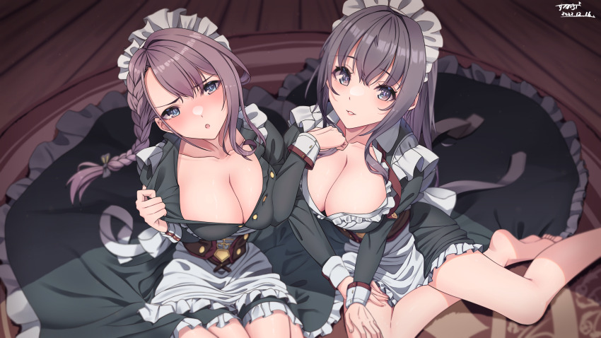 2girls absurdres apron azur_lane black_dress blue_eyes blush braid breasts brown_hair cleavage curacoa_(azur_lane) curlew_(azur_lane) curlew_(retrofit)_(azur_lane) dated dress foot_out_of_frame frilled_apron frills grey_eyes hair_between_eyes hairband highres indoors lace-trimmed_hairband lace_trim large_breasts long_hair long_sleeves looking_at_viewer maid_apron maid_headdress multiple_girls pulling_own_clothes side_braid signature sunebu_(snake_boo2) two-tone_dress white_apron white_dress wooden_floor