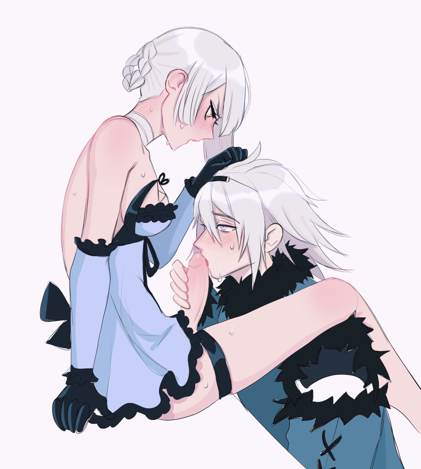 1boy 1girl absurdres backless_outfit bandaged_neck bandages black_gloves blue_eyes blue_negligee blush braid braided_hair_rings breasts brown_eyes commentary erection eyelashes fellatio from_side fur-trimmed_collar fur-trimmed_sleeves fur-trimmed_vest fur_trim futa_with_male futanari gloves hair_between_eyes hair_rings hand_on_another&#039;s_head highres invisible_chair kaine_(nier) lingerie negligee nier nier_(brother) nier_(brother)_(post_timeskip) nier_(series) oral penis profile short_hair shoulder_blush sitting skindentation thigh_strap underwear vest wawuku white_background white_hair