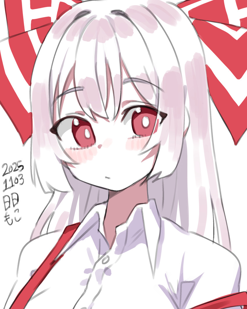 1girl :/ absurdres blush bow bright_pupils commentary dated fujiwara_no_mokou grey_hair hair_bow highres long_hair looking_at_viewer neophyte open_collar red_eyes shirt simple_background solo straight_hair suspenders touhou upper_body white_background white_pupils white_shirt