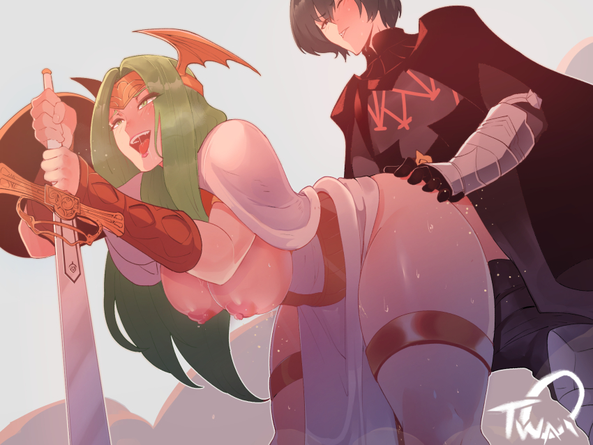 1boy 1girl arm_guards armor ass_grab bent_over black_gloves blue_hair blush breasts breasts_out male_byleth_(fire_emblem) cape clenched_teeth commentary doggystyle dress english_commentary fire_emblem fire_emblem:_three_houses garreg_mach_monastery_uniform gloves green_eyes green_hair hetero highres holding holding_sword holding_weapon large_breasts light_green_hair long_hair nintendo nipples nyantcha one_eye_closed open_mouth pelvic_curtain puffy_nipples rhea_(fire_emblem) saliva seiros_(fire_emblem) seiros_shield sex sex_from_behind side_slit spoilers sword sword_of_seiros teeth thick_thighs thighhighs thighs vaginal weapon white_dress