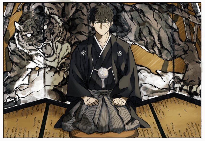 1boy black_hair black_haori black_kimono closed_mouth collarbone cushion debachi doudanuki_masakuni grey_hakama hakama hands_on_lap haori haori_himo highres japanese_clothes kimono looking_at_viewer male_focus scar scar_on_face seiza sitting solo tiger touken_ranbu yellow_eyes zabuton