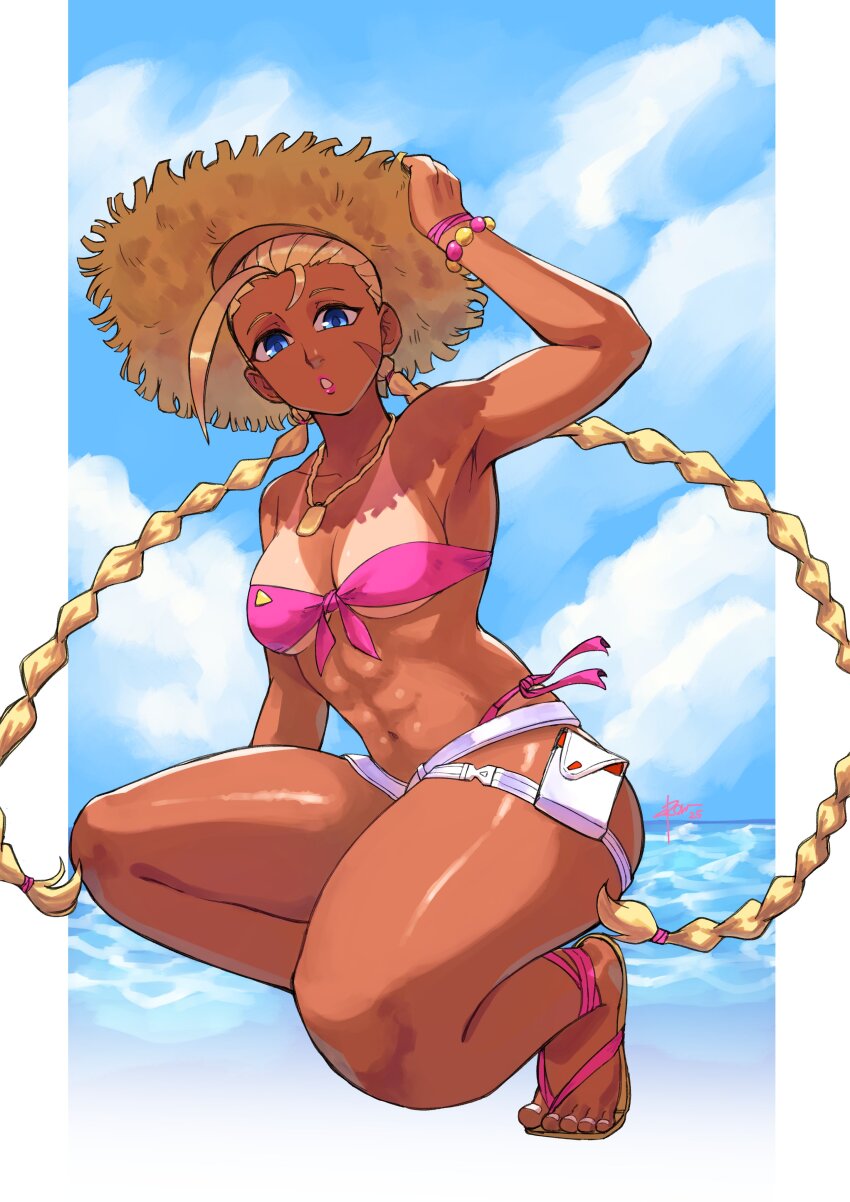 1girl abs absurdres belt bikini blonde_hair braid cammy_white corviwing facial_scar front-tie_bikini_top front-tie_top hat highres low_twin_braids official_alternate_costume pink_bikini sandals scar scar_on_cheek scar_on_face solo strapless strapless_bikini straw_hat street_fighter street_fighter_6 swimsuit tan tanline thighs toned toned_female twin_braids