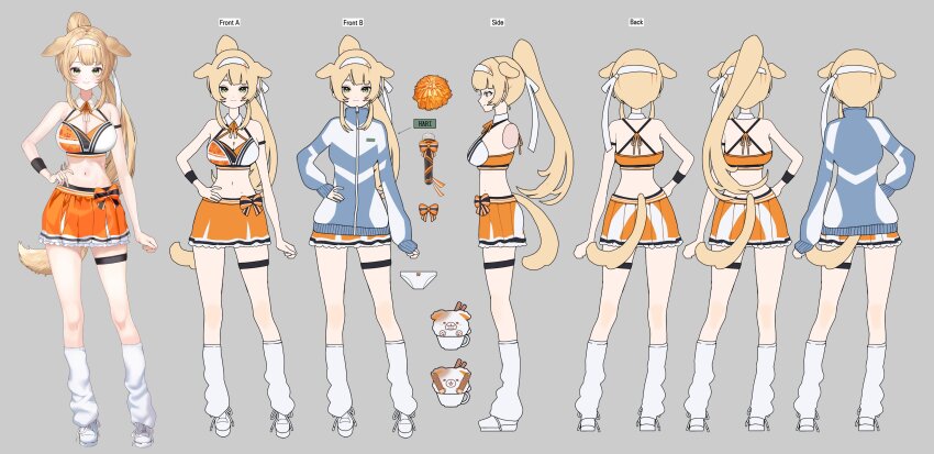 1girl absurdres animal_ears artist_request bare_arms bare_shoulders blonde_hair breasts cleavage closed_mouth crop_top dog_ears dog_girl dog_tail from_behind from_side full_body green_eyes hairband hand_on_own_hip hari_(vrecord) highres jacket kneehighs large_breasts long_hair looking_at_viewer loose_socks midriff miniskirt multiple_views navel orange_shirt orange_skirt pleated_skirt pom_pom_(cheerleading) ponytail reference_sheet shirt shoes skirt sleeveless sleeveless_shirt smile socks standing stomach sweatband tail thigh_strap thighs two-tone_shirt virtual_youtuber vrecord white_jacket white_shoes white_socks wing_collar