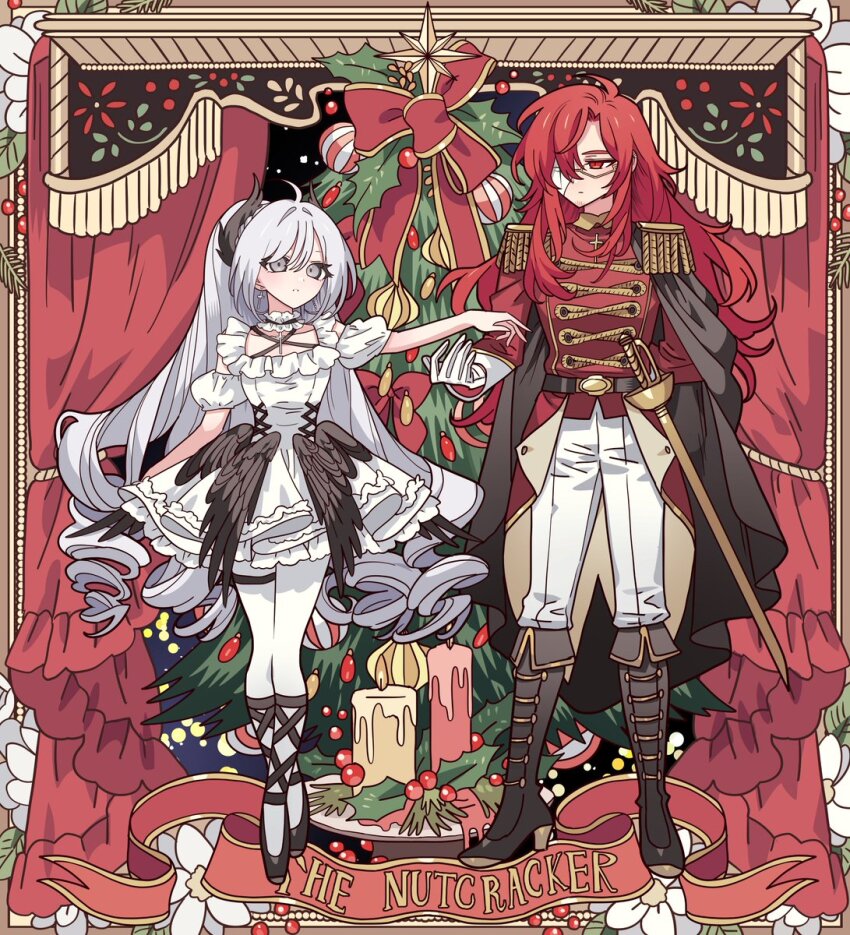 1boy 1girl black_footwear black_wings boots candle choker christmas_tree closed_mouth commentary_request commission cross_marian curtains d.gray-man dress epaulettes facial_hair feathered_wings frilled_choker frilled_dress frills full_body glasses grey_hair hair_over_one_eye highres jacket long_hair long_sleeves meremero original pants pantyhose red_eyes red_hair red_jacket second-party_source standing the_nutcracker very_long_hair white_dress white_pants white_pantyhose wings