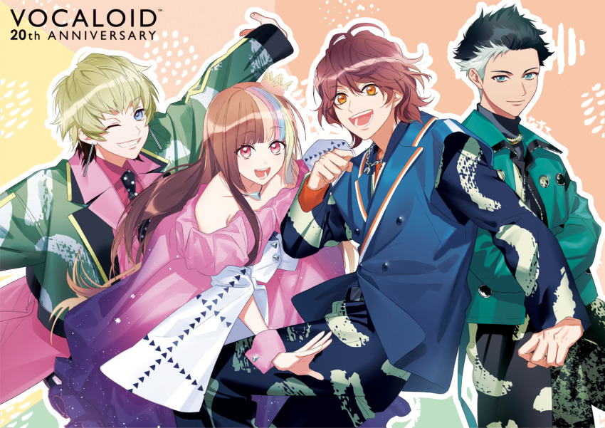 1girl 3boys :d ;d anniversary black_shirt blonde_hair blue_eyes blue_hair brown_hair closed_mouth crown dress fujiwara_ryo_(wsise47) galaco galaco_(white) green_eyes green_jacket jacket jewelry kyo_(vocaloid) looking_at_viewer mini_crown multicolored_hair multiple_boys necklace off-shoulder_dress off_shoulder official_art one_eye_closed open_mouth orange_eyes outline pink_dress pink_eyes pink_hair pink_shirt pink_wrist_cuffs print_jacket shirt smile streaked_hair tan vocaloid white_hair white_outline wil_(vocaloid) wrist_cuffs yuu_(vocaloid) zola_project