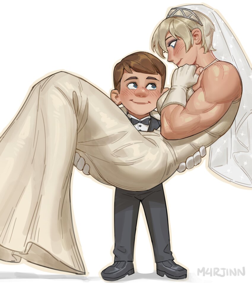 1boy 1girl absurdres artist_name bare_shoulders black_bow black_bowtie black_footwear black_jacket black_pants blonde_hair blue_eyes blush bow bowtie bridal_veil brown_hair buttons carrying closed_mouth commentary dress english_commentary fingerless_gloves fingernails fix-it_felix_jr formal_clothes full_body gloves hair_between_eyes height_difference hetero highres husband_and_wife jacket lapels looking_at_another m4rjinn muscular muscular_female pants princess_carry shadow shirt shoes short_hair simple_background sleeveless sleeveless_dress smile standing suit tamora_jean_calhoun veil wedding_dress white_background white_dress white_gloves white_shirt wreck-it_ralph