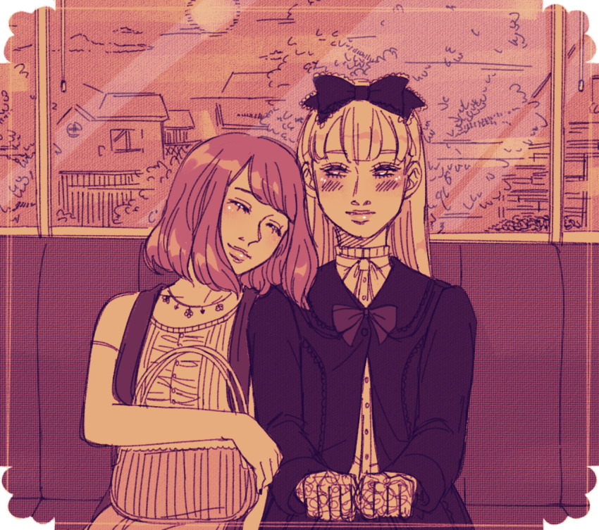 2girls bag blonde_hair blouse blush bob_cut bow akana_benio cardigan closed_eyes eyelashes girls_mode girls_mode_4:_star_stylist gloves hair_bow hair_ornament house jewelry lace lace_gloves leaning_on_person long_hair multiple_girls necklace nintendo red_hair sakurano_yayoi shirt short_hair sleeping sleeping_on_person sleeping_upright smile subway sun train train_interior vest window yuri