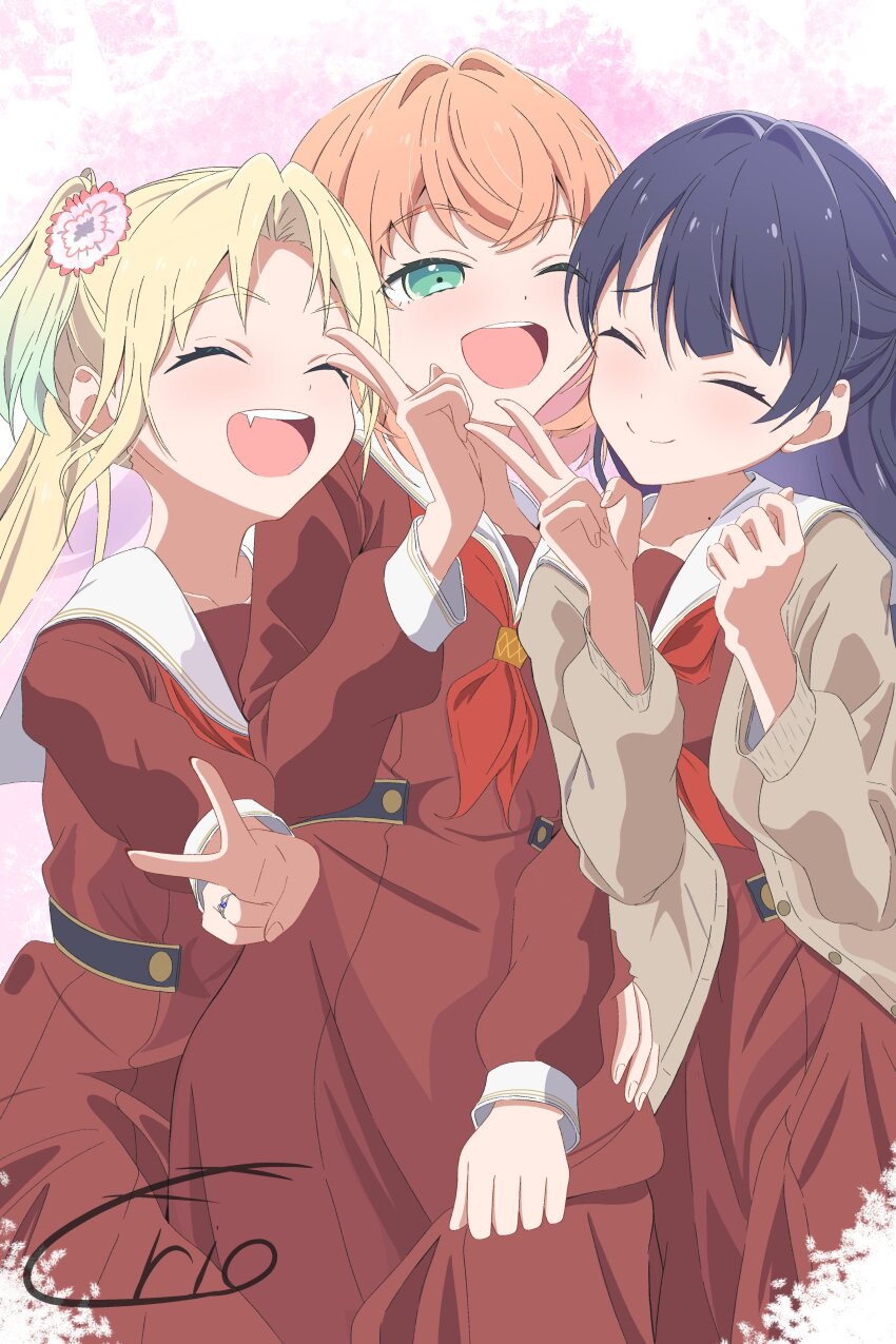 3girls :d ;d ^_^ absurdres aqua_eyes aqua_hair blonde_hair blue_hair blush brown_cardigan brown_dress cardigan clenched_hand closed_eyes closed_mouth commentary cowboy_shot crossed_bangs curtained_hair dress fang flower gradient_hair hair_flower hair_ornament half_updo hasu_no_sora_school_uniform highres hinoshita_kaho link!_like!_love_live! long_hair long_sleeves love_live! medium_hair mole mole_on_neck morio_(mmorio_mu) multicolored_hair multiple_girls murano_sayaka neckerchief one_eye_closed open_cardigan open_clothes open_mouth orange_hair osawa_rurino parted_bangs pink_background pink_flower pleated_dress red_neckerchief sailor_collar sailor_dress school_uniform sidelocks signature skirt_hold smile split_mouth teeth twintails upper_teeth_only v virtual_youtuber white_sailor_collar winter_uniform